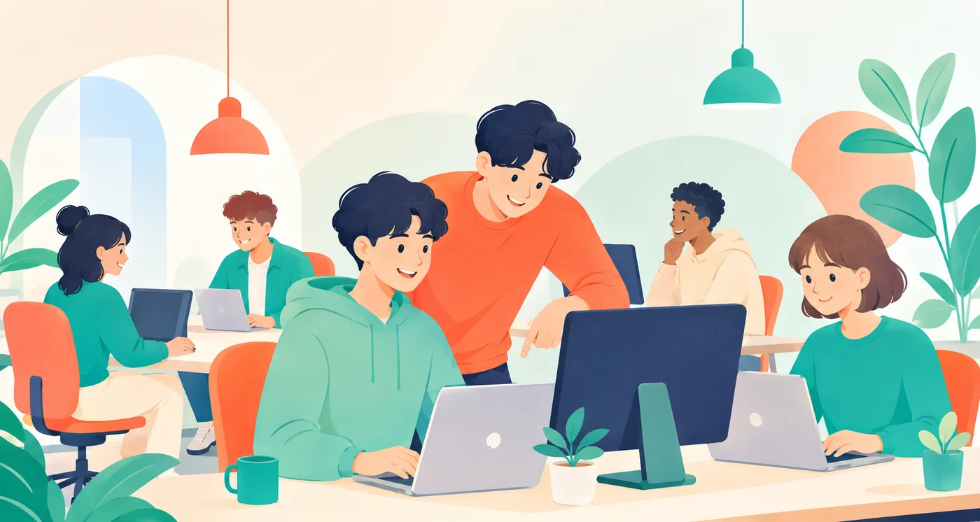 オフィスで楽しそうに働く多様なエンジニアたちのイラスト